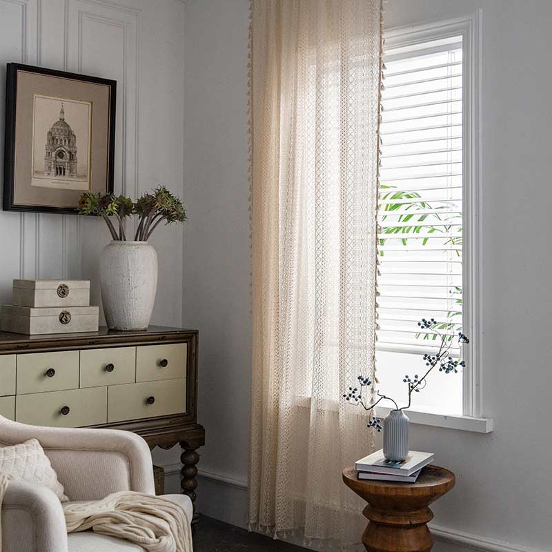 Bohemian Beige Cotton Tassel Curtain for Living Room - Hollow-Out Design, Elegant Home Decor 4