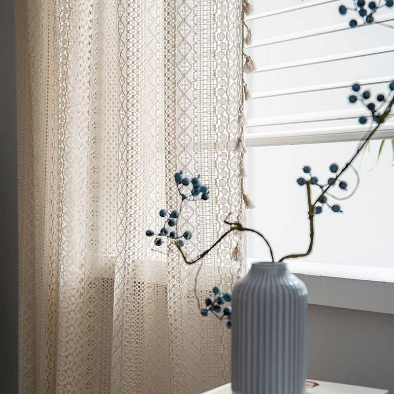 Bohemian Beige Cotton Tassel Curtain for Living Room - Hollow-Out Design, Elegant Home Decor 5