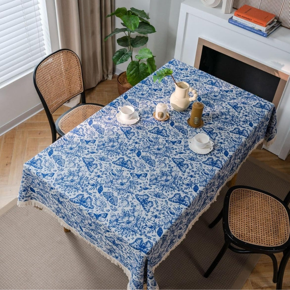 Bohemian Blue Butterfly Tablecloth - Cotton-Poly Blend, Square, Navy Floral Print, Elegant Tassel Trim 0