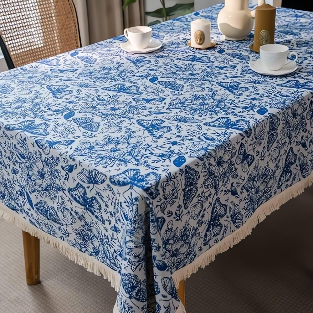 Bohemian Blue Butterfly Tablecloth - Cotton-Poly Blend, Square, Navy Floral Print, Elegant Tassel Trim 1