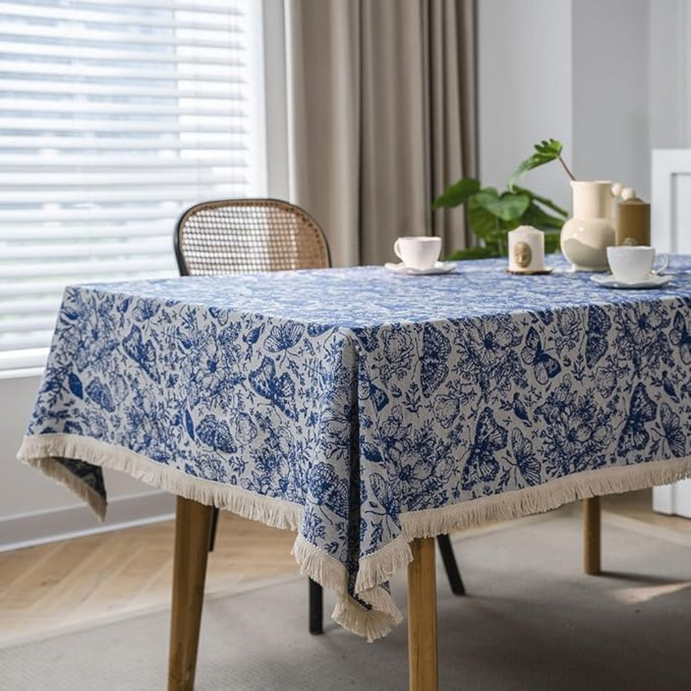 Bohemian Blue Butterfly Tablecloth - Cotton-Poly Blend, Square, Navy Floral Print, Elegant Tassel Trim 2