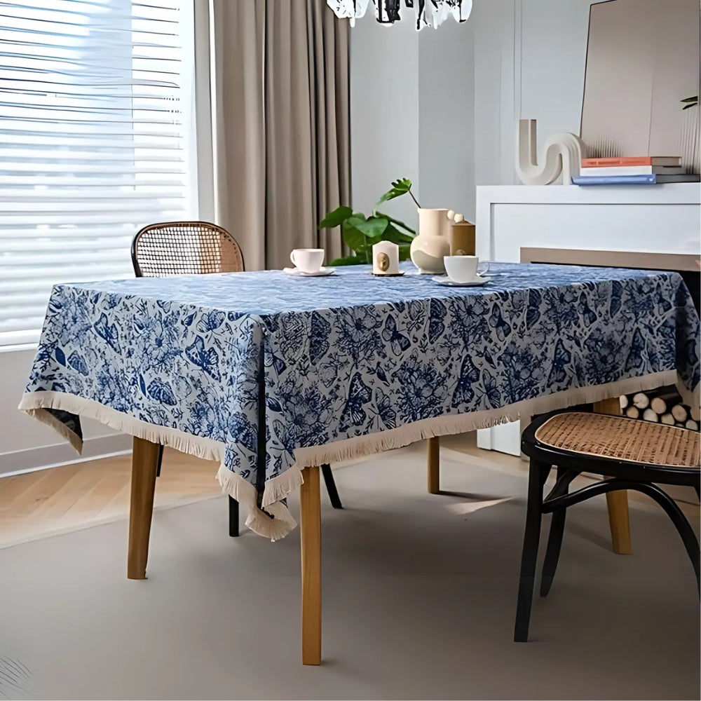 Bohemian Blue Butterfly Tablecloth - Cotton-Poly Blend, Square, Navy Floral Print, Elegant Tassel Trim 3