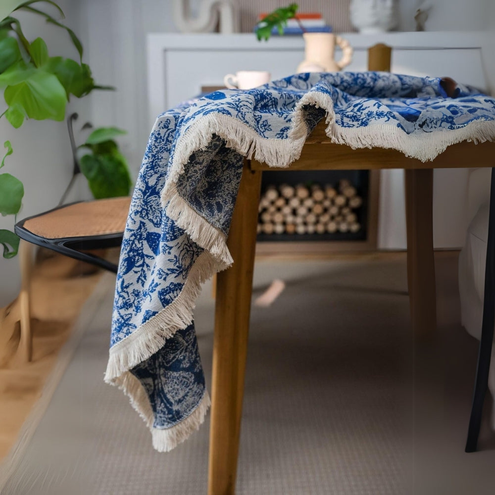 Bohemian Blue Butterfly Tablecloth - Cotton-Poly Blend, Square, Navy Floral Print, Elegant Tassel Trim 4