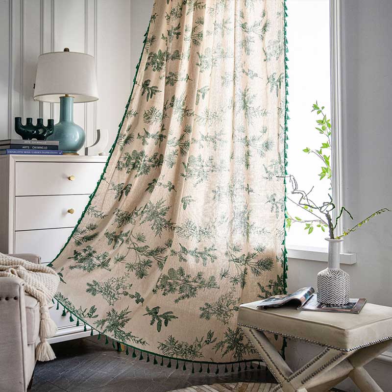 Bohemian Green Pine Bird Pattern Tassel Curtain – Semi-Blackout Cotton Blend for Stylish Interiors 0