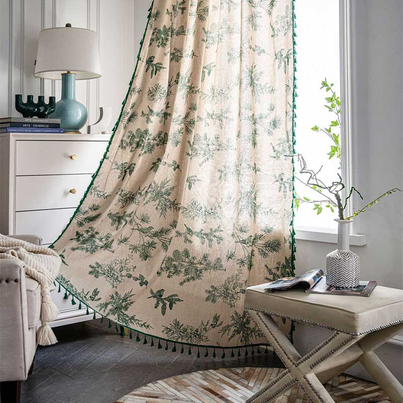Bohemian Green Pine Bird Pattern Tassel Curtain – Semi-Blackout Cotton Blend for Stylish Interiors 1