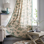 Bohemian Green Pine Bird Pattern Tassel Curtain – Semi-Blackout Cotton Blend for Stylish Interiors 1
