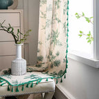 Bohemian Green Pine Bird Pattern Tassel Curtain – Semi-Blackout Cotton Blend for Stylish Interiors 3