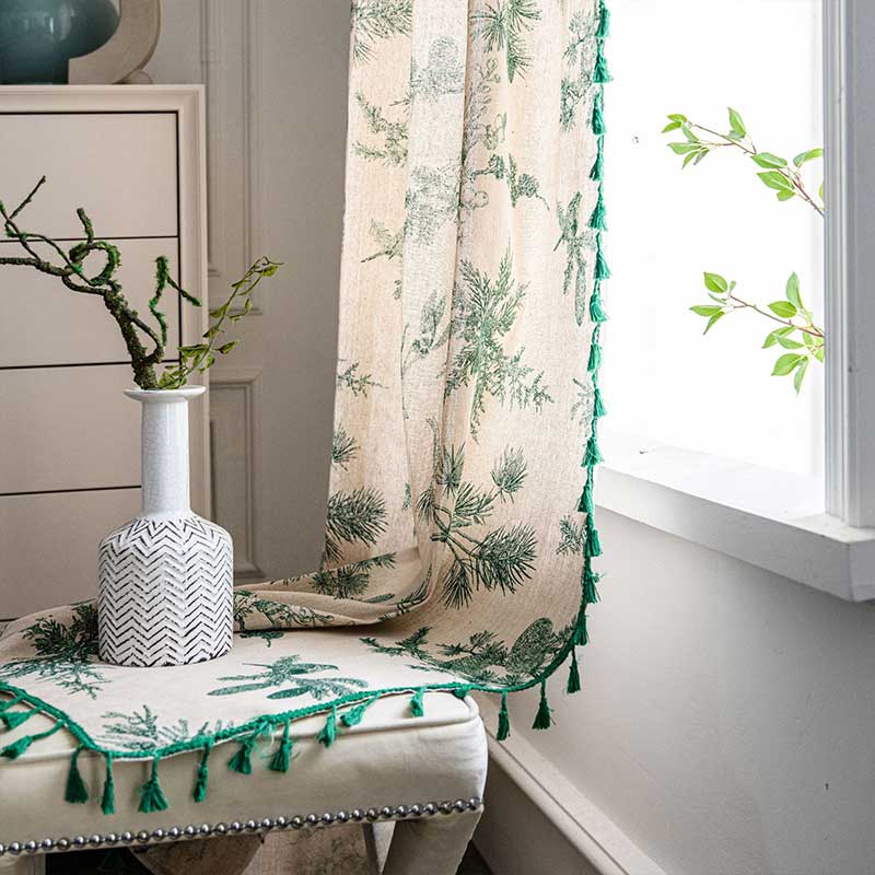 Bohemian Green Pine Bird Pattern Tassel Curtain – Semi-Blackout Cotton Blend for Stylish Interiors 3