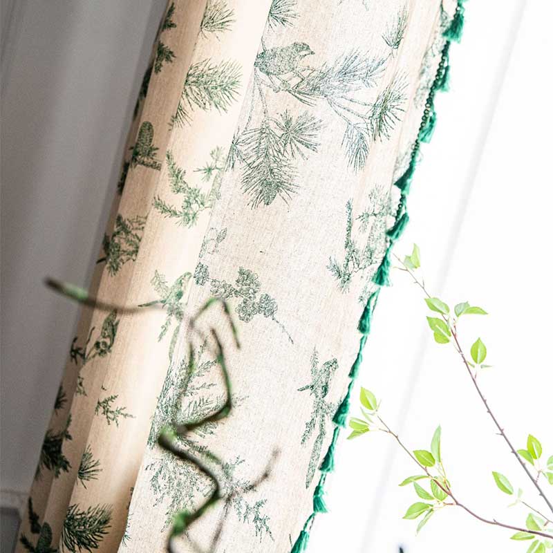 Bohemian Green Pine Bird Pattern Tassel Curtain – Semi-Blackout Cotton Blend for Stylish Interiors 6