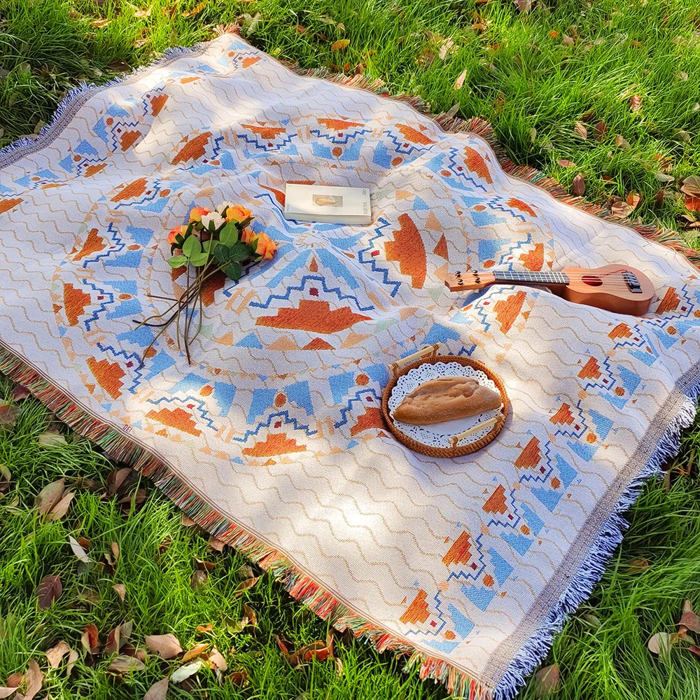 Bohemian Picnic Mat - Soft Cotton Blend Outdoor Picnic Blanket with Tassels, Versatile for Camping and Home Decor 0