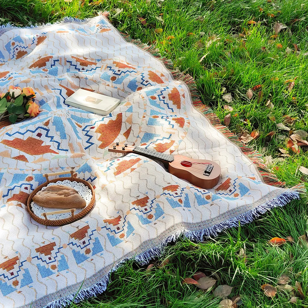 Bohemian Picnic Mat - Soft Cotton Blend Outdoor Picnic Blanket with Tassels, Versatile for Camping and Home Decor 2