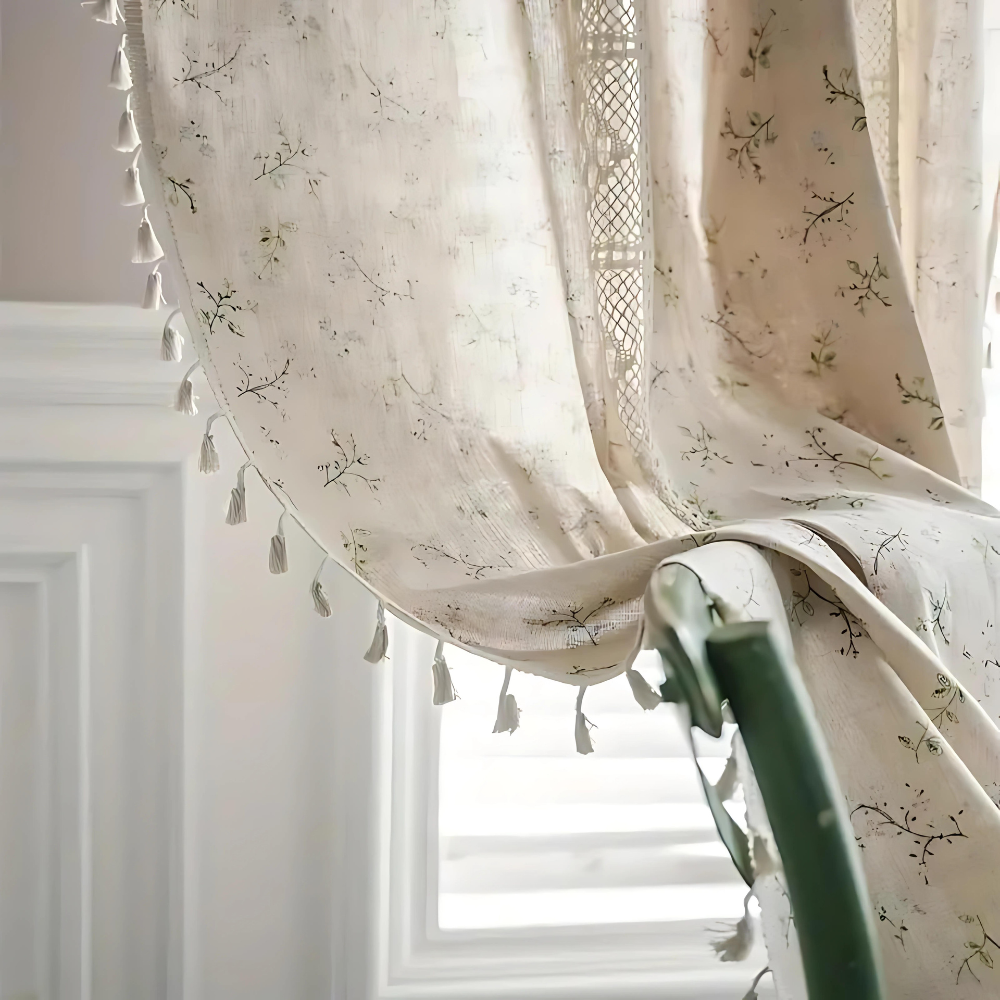 Boho Floral Lace Curtains for Living Room, Semi-Blackout, UV Resistant, 50 x 84 Inches, Beige Fringe 0