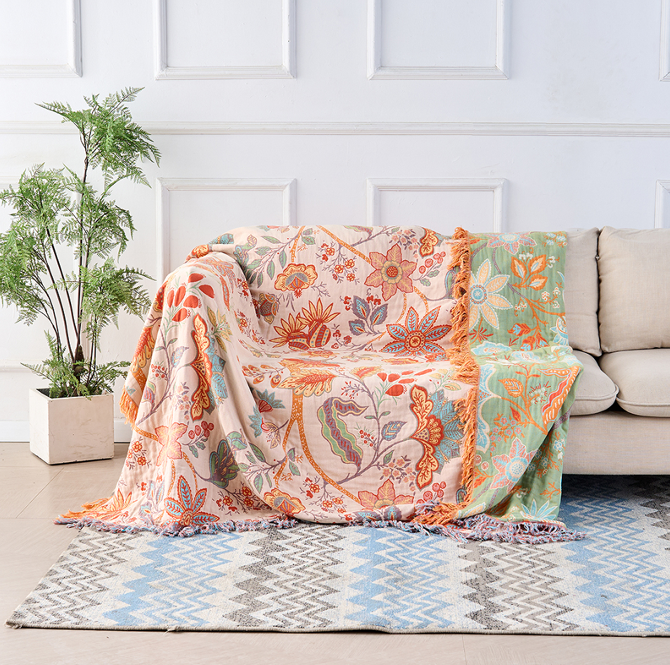 Boho Floral Throw Blanket, 100% Cotton, Soft Cream with Orange & Blue Flowers, Machine Washable Cozy Decor 0