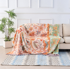 Boho Floral Throw Blanket, 100% Cotton, Soft Cream with Orange & Blue Flowers, Machine Washable Cozy Decor 0