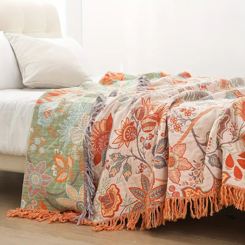 Boho Floral Throw Blanket, 100% Cotton, Soft Cream with Orange & Blue Flowers, Machine Washable Cozy Decor 1