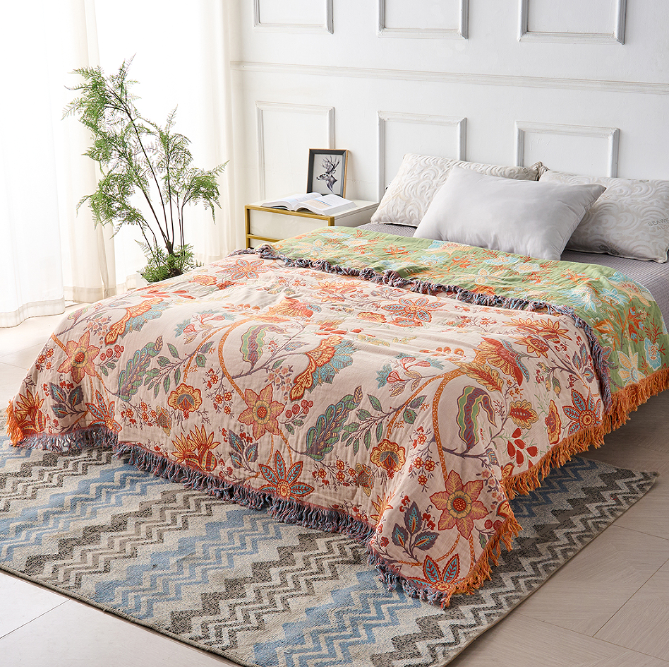 Boho Floral Throw Blanket, 100% Cotton, Soft Cream with Orange & Blue Flowers, Machine Washable Cozy Decor 2