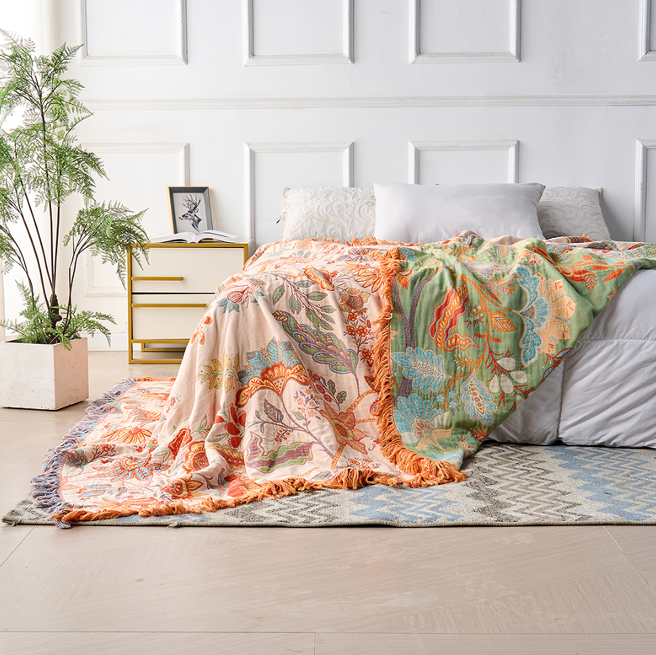 Boho Floral Throw Blanket, 100% Cotton, Soft Cream with Orange & Blue Flowers, Machine Washable Cozy Decor 3