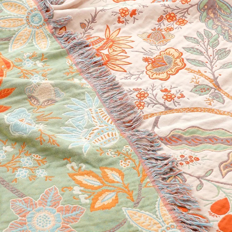 Boho Floral Throw Blanket, 100% Cotton, Soft Cream with Orange & Blue Flowers, Machine Washable Cozy Decor 5