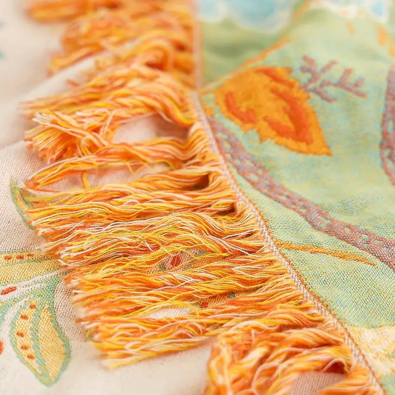 Boho Floral Throw Blanket, 100% Cotton, Soft Cream with Orange & Blue Flowers, Machine Washable Cozy Decor 6