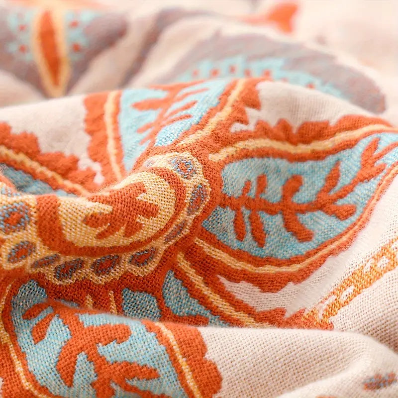 Boho Floral Throw Blanket, 100% Cotton, Soft Cream with Orange & Blue Flowers, Machine Washable Cozy Decor 7