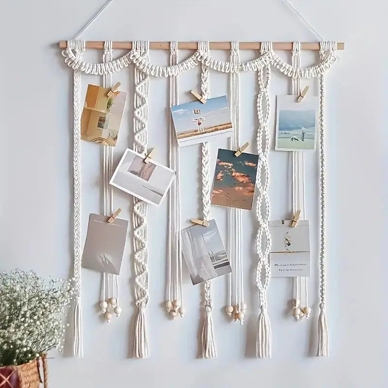 Boho Tassel Wall Art Decor Photo Display with 20 Wooden Clips, 30 Inch Handmade Gallery Hanger 0