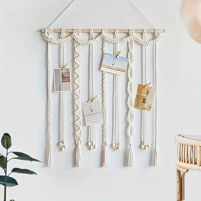 Boho Tassel Wall Art Decor Photo Display with 20 Wooden Clips, 30 Inch Handmade Gallery Hanger 1