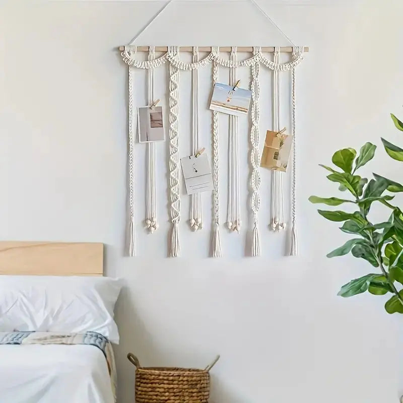 Boho Tassel Wall Art Decor Photo Display with 20 Wooden Clips, 30 Inch Handmade Gallery Hanger 2