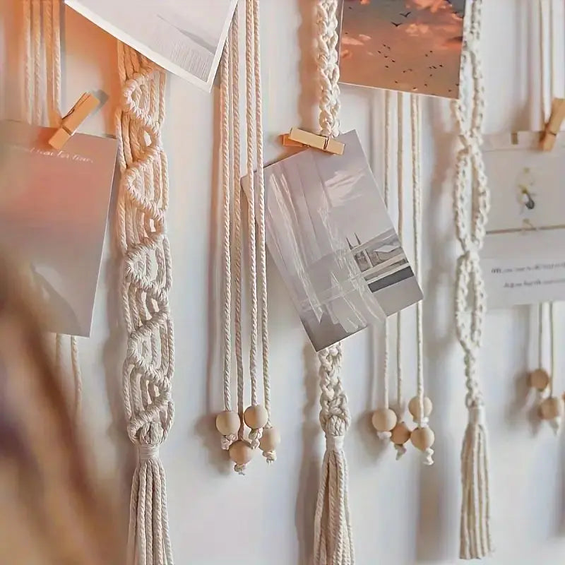 Boho Tassel Wall Art Decor Photo Display with 20 Wooden Clips, 30 Inch Handmade Gallery Hanger 3