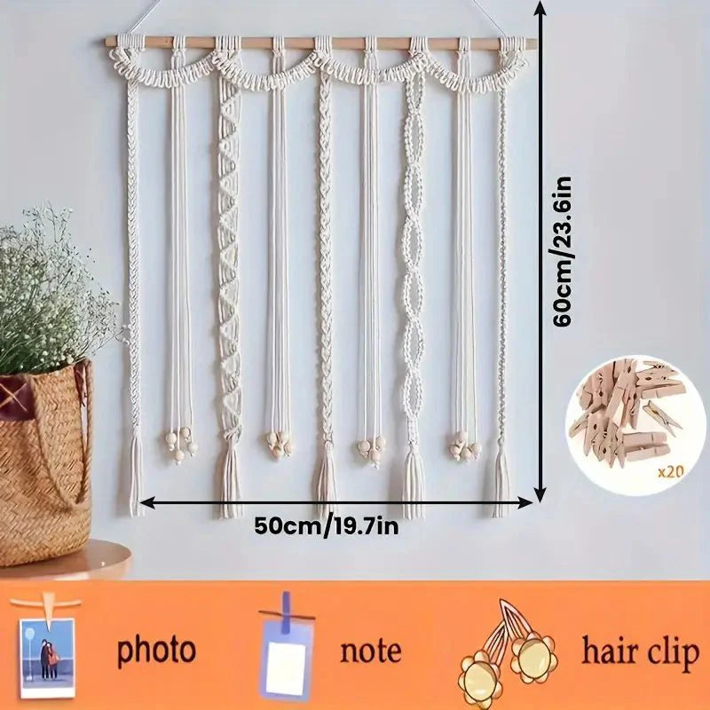 Boho Tassel Wall Art Decor Photo Display with 20 Wooden Clips, 30 Inch Handmade Gallery Hanger 5