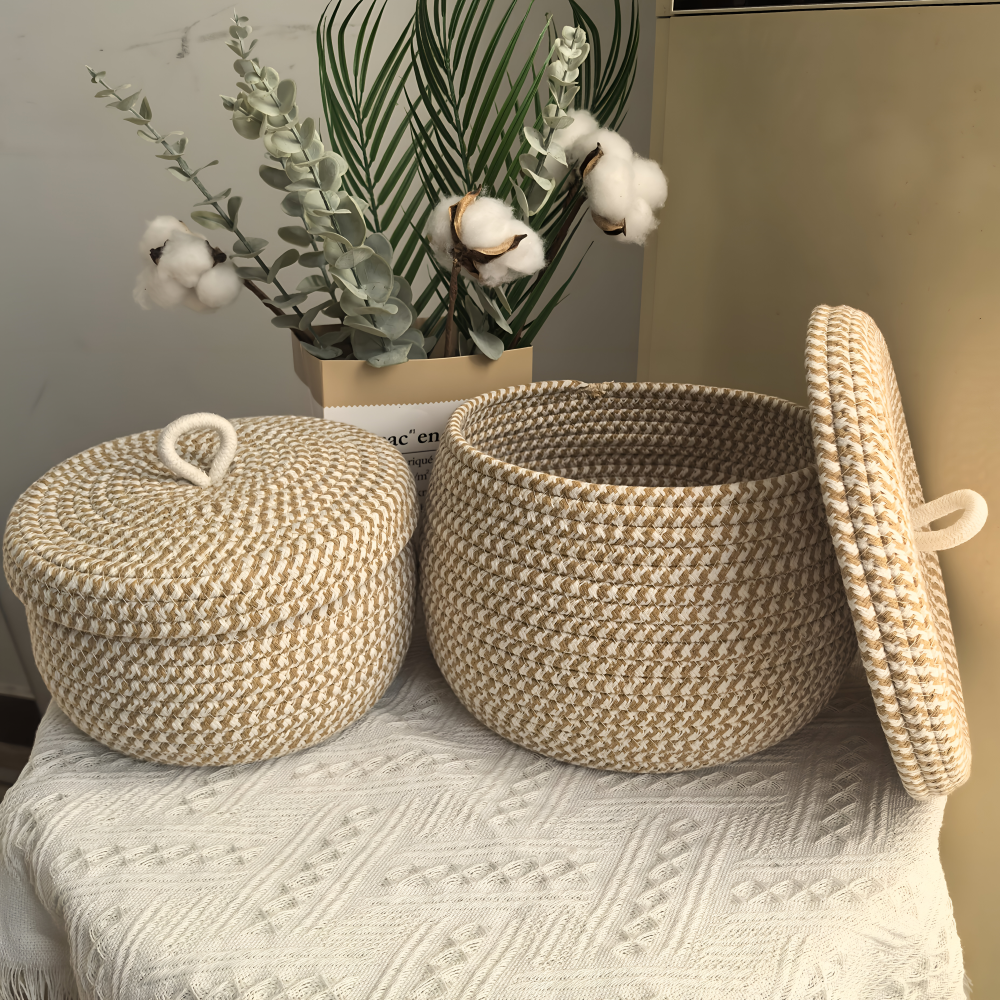 Boho Wicker Storage Basket with Lid – Round Jewelry Organizer for Home Decor, Durable Jute Cotton, Stylish and Versatile 3