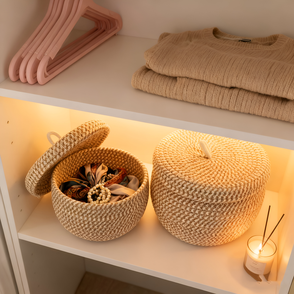 Boho Wicker Storage Basket with Lid – Round Jewelry Organizer for Home Decor, Durable Jute Cotton, Stylish and Versatile 5