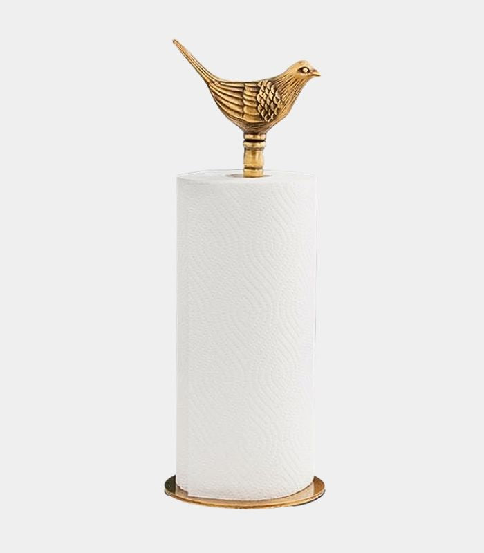 Brass paper towel holder – Elegant golden finish – Bird finial design – Stylish kitchen or bathroom accent 0