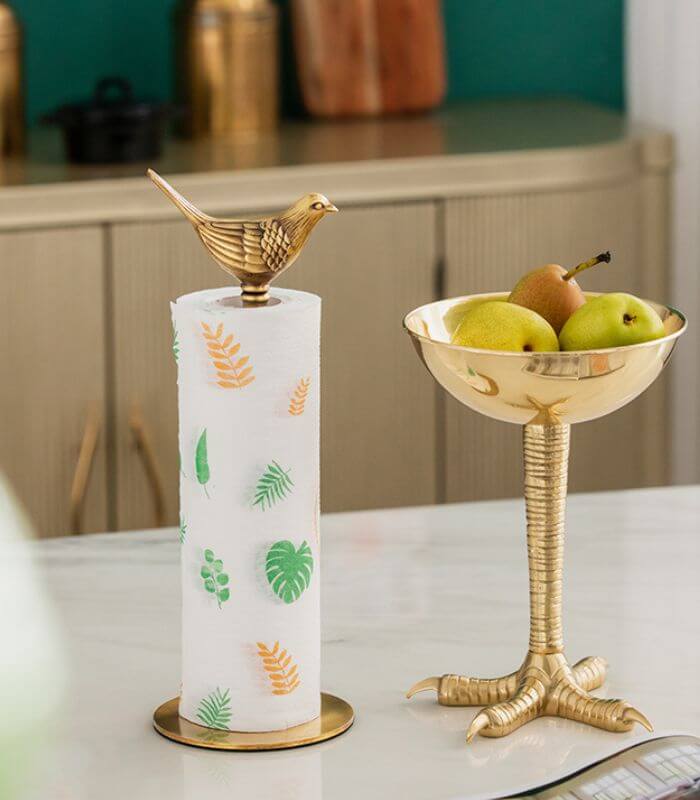 Brass paper towel holder – Elegant golden finish – Bird finial design – Stylish kitchen or bathroom accent 2