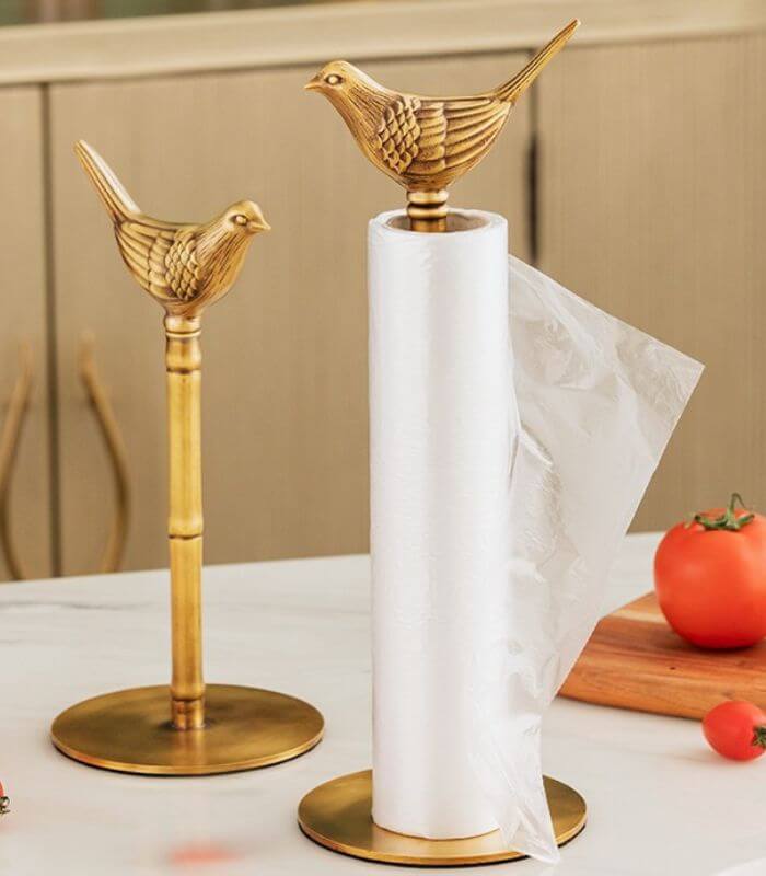 Brass paper towel holder – Elegant golden finish – Bird finial design – Stylish kitchen or bathroom accent 7
