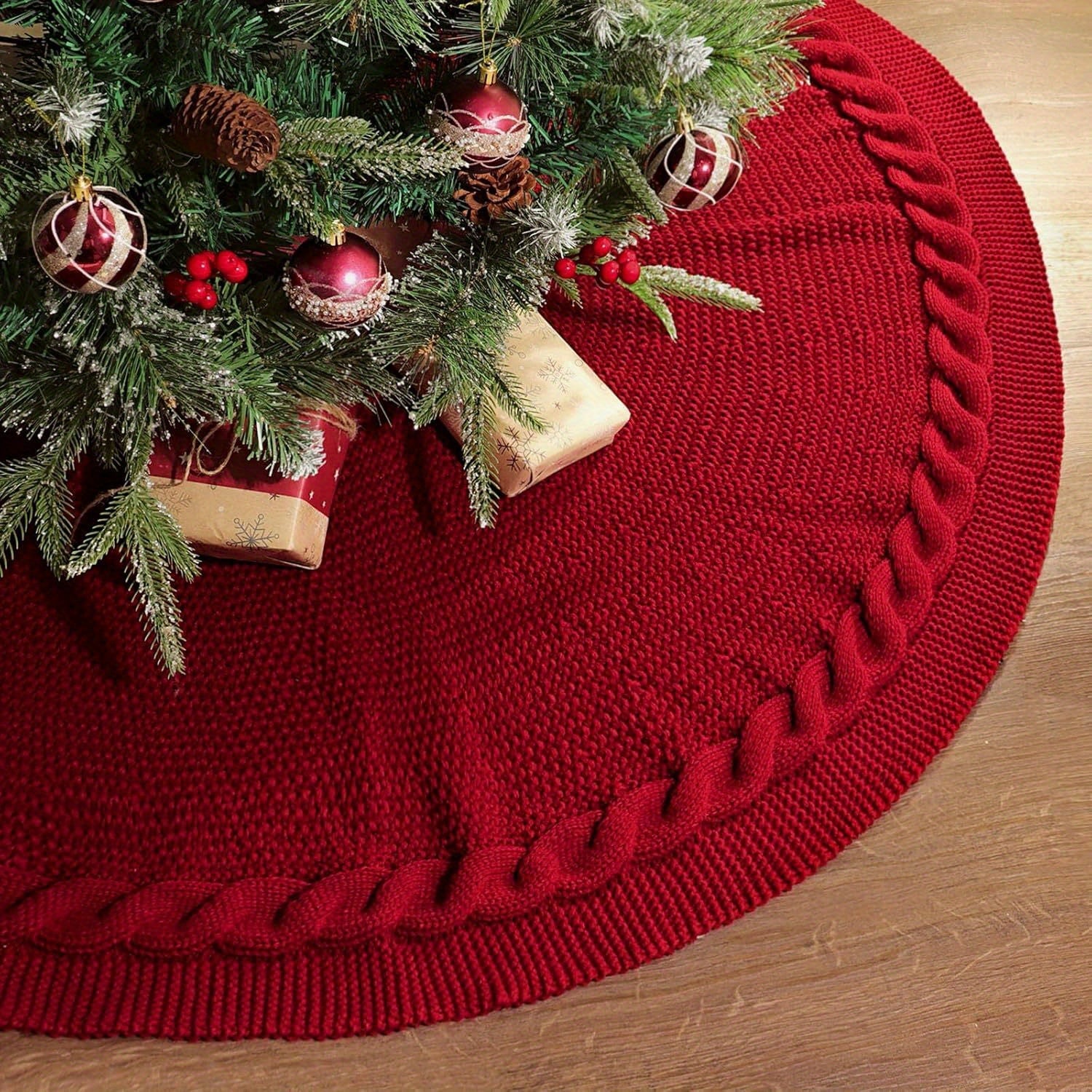 Cozy round Christmas tree skirt in soft cream color with a textured cable knit pattern, perfect for holiday decor. Adds a warm and festive touch to your 0