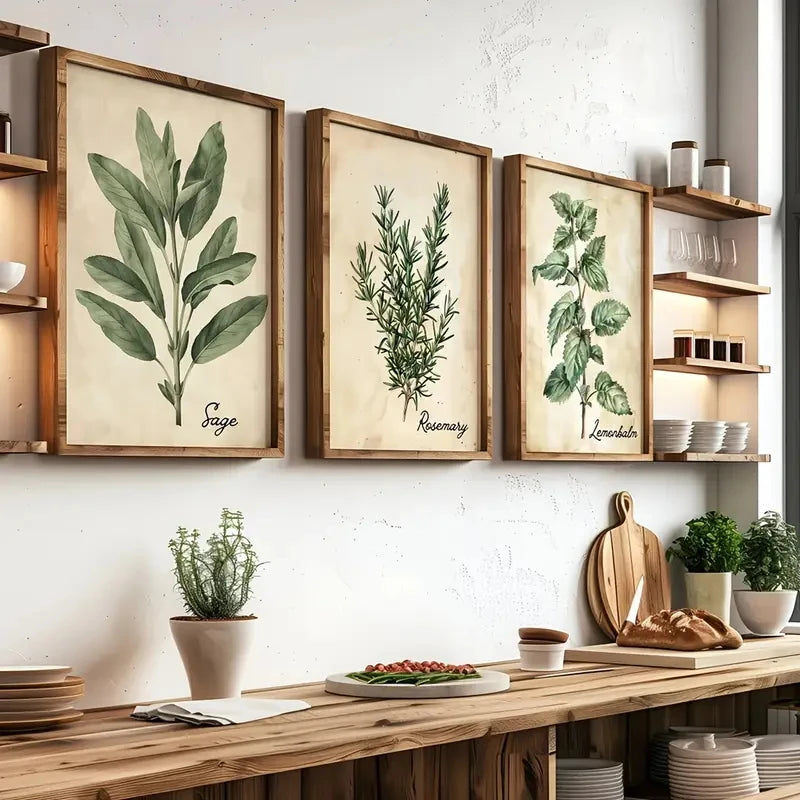 Canvas wall art set – Vintage herbalist design – Frameless decor for living room or bedroom – Set of three 0