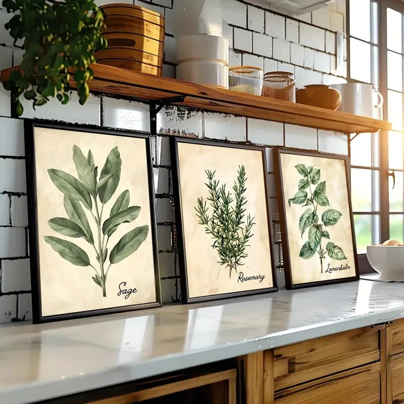 Canvas wall art set – Vintage herbalist design – Frameless decor for living room or bedroom – Set of three 2