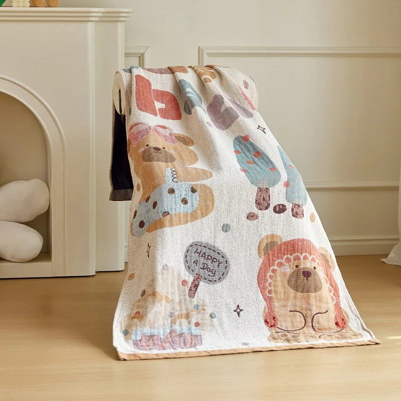 Cartoon Gauze Bath Towel, Soft 4-Layer Cotton, 31.5x63 Inches, Fun Design for Kids and Adults 4