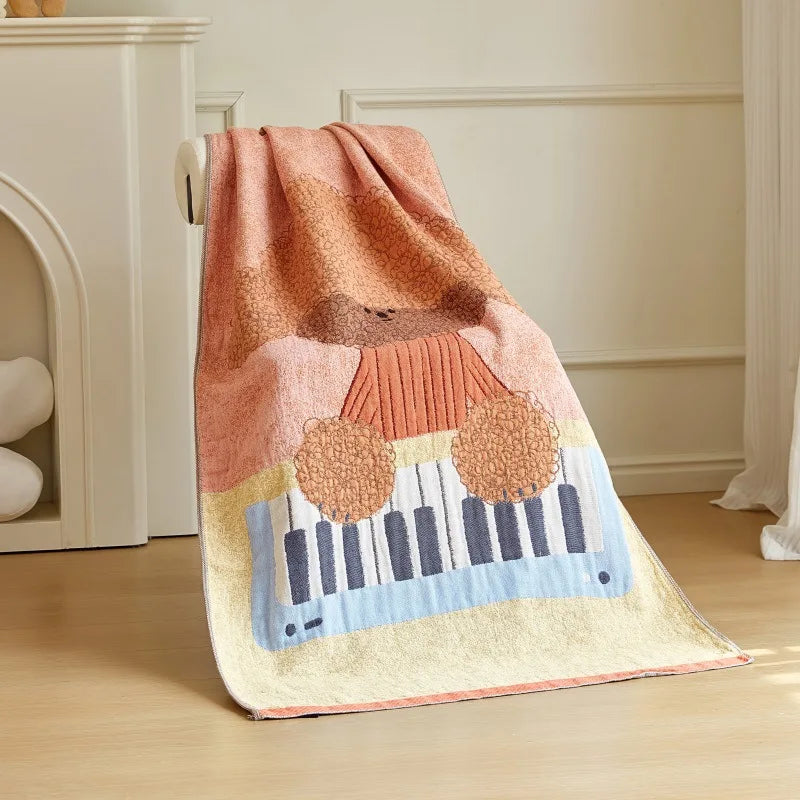 Cartoon Gauze Bath Towel, Soft 4-Layer Cotton, 31.5x63 Inches, Fun Design for Kids and Adults 9