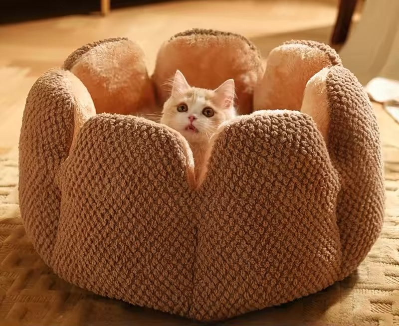 Cozy flower-shaped cat bed made of plush fabric, measuring 19.7 inches in diameter. Soft and inviting, perfect for providing a comfortable retreat 2