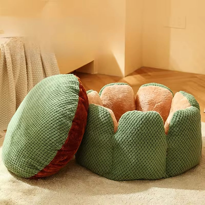 Cozy flower-shaped cat bed made from soft plush fabric, measuring 19.7 inches in diameter. Ideal retreat for cats, featuring a warm, 7