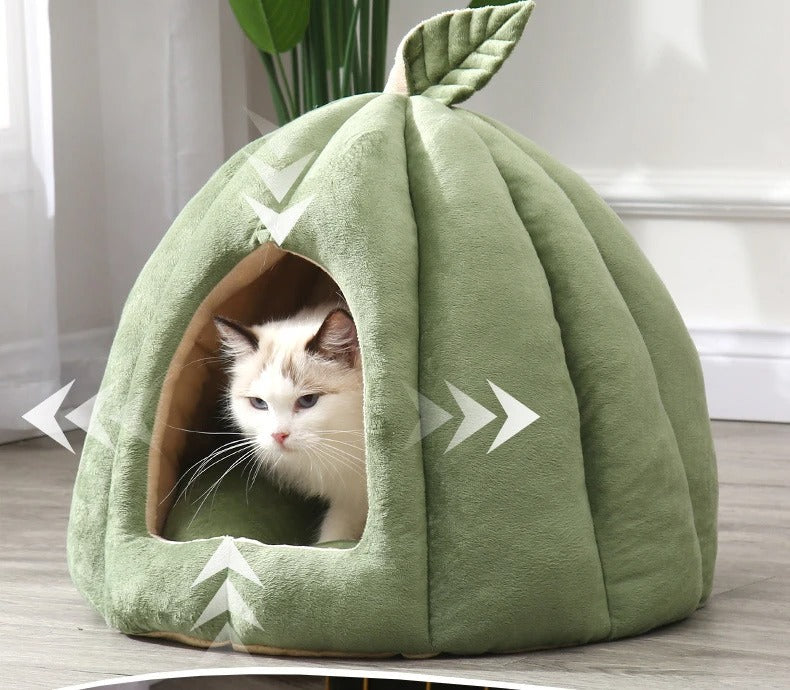 Cozy green pumpkin design cat cave bed made from soft plush fabric, measuring 19.7 x 19.7 x 15.7 inches 0