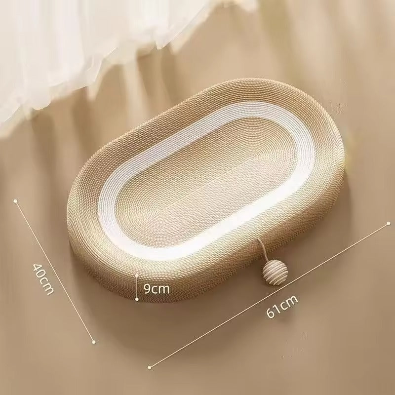 Beige cat scratcher bed made from natural sisal, featuring white accents. This interactive play zone measures 24 x 15.7 x  0