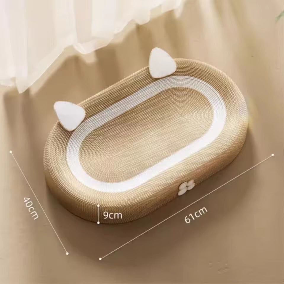 Beige cat scratcher bed made from natural sisal, featuring white accents. Designed as an interactive play zone, it measures 24 x 15 1