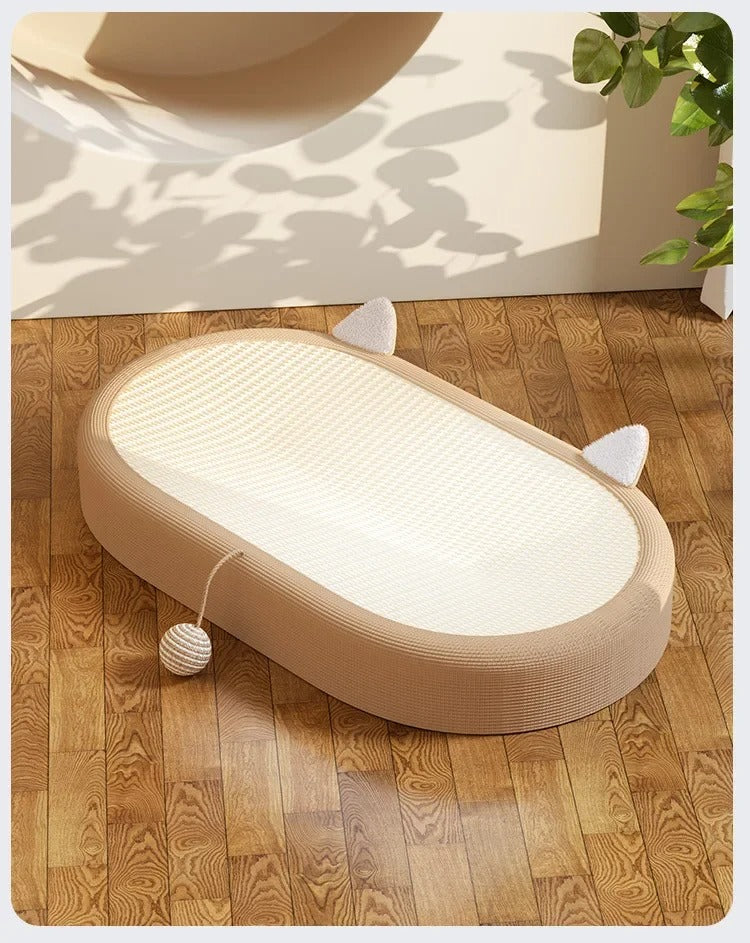 Beige cat scratcher bed made of natural sisal with white accents. Features a spacious interactive play zone, measuring 24 x 15.7 2