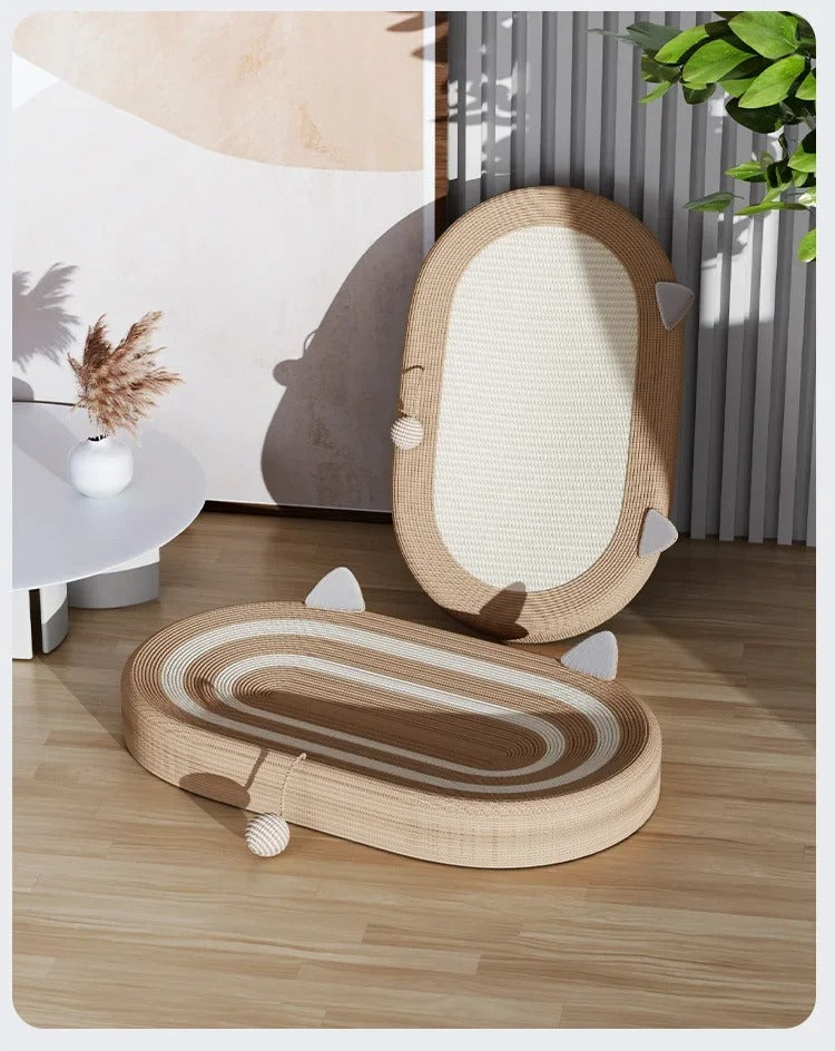 Beige cat scratcher bed made from natural sisal with white accents. Features an interactive play zone, ideal for scratching and lounging. Dimensions:  4