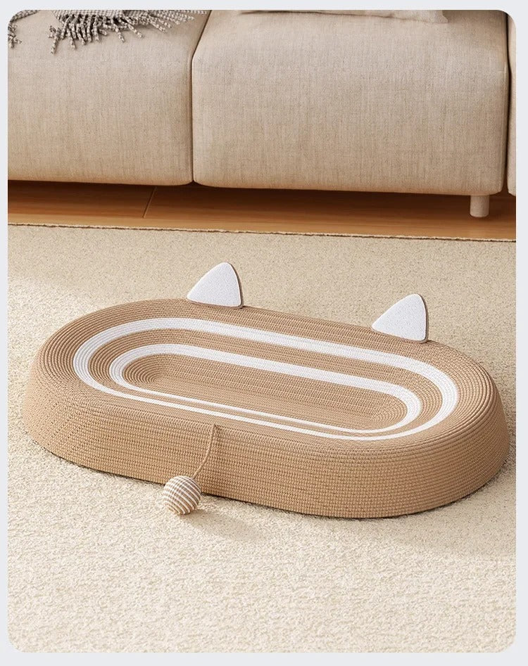 Beige cat scratcher bed made from natural sisal, featuring white accents. This interactive play zone measures 24 x 15.7 x  6
