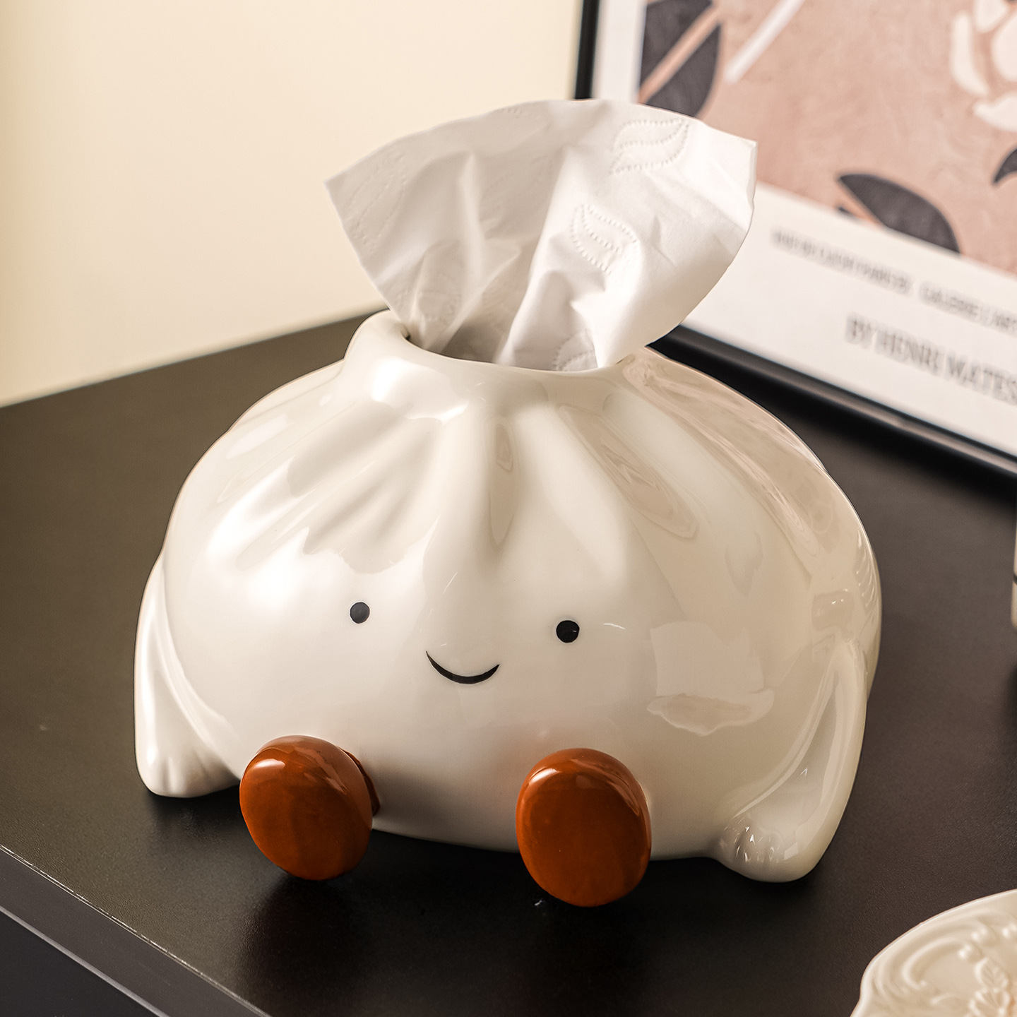 Ceramic Dumpling Tissue Box Cover with Glossy Finish and Amber Feet – Unique Tissue Holder for Stylish Home Decor 0