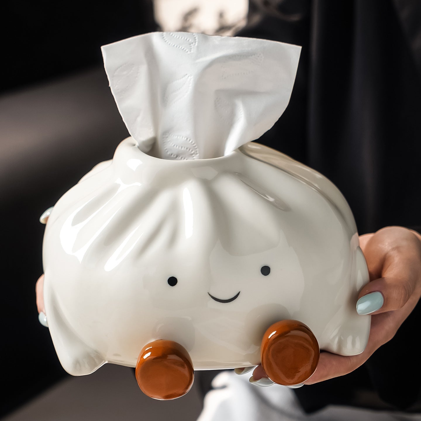 Ceramic Dumpling Tissue Box Cover with Glossy Finish and Amber Feet – Unique Tissue Holder for Stylish Home Decor 1
