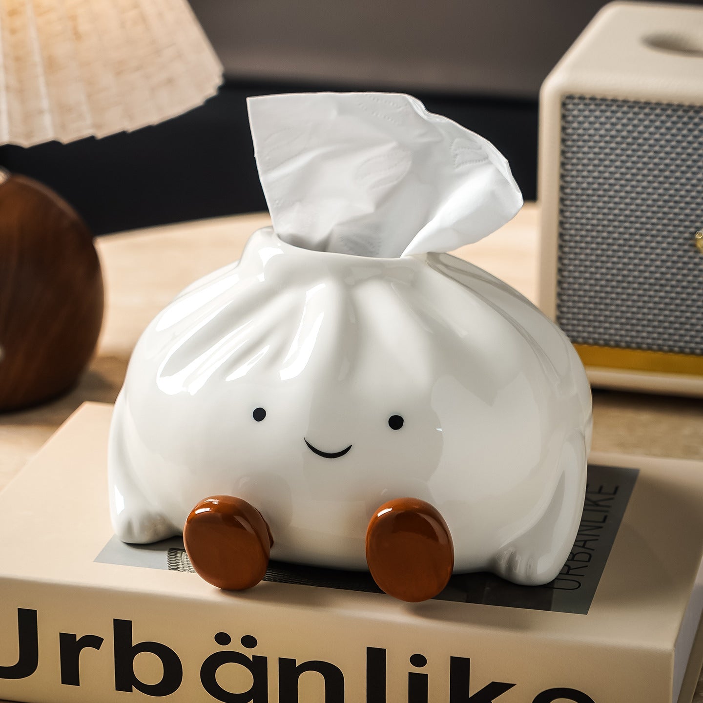 Ceramic Dumpling Tissue Box Cover with Glossy Finish and Amber Feet – Unique Tissue Holder for Stylish Home Decor 4